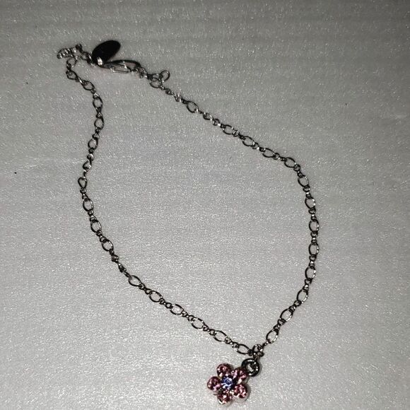A Cookie Lee Ankle Bracelet Pink Rhinestone Flower Charm Silver Tone Chain - Picture 1 of 11